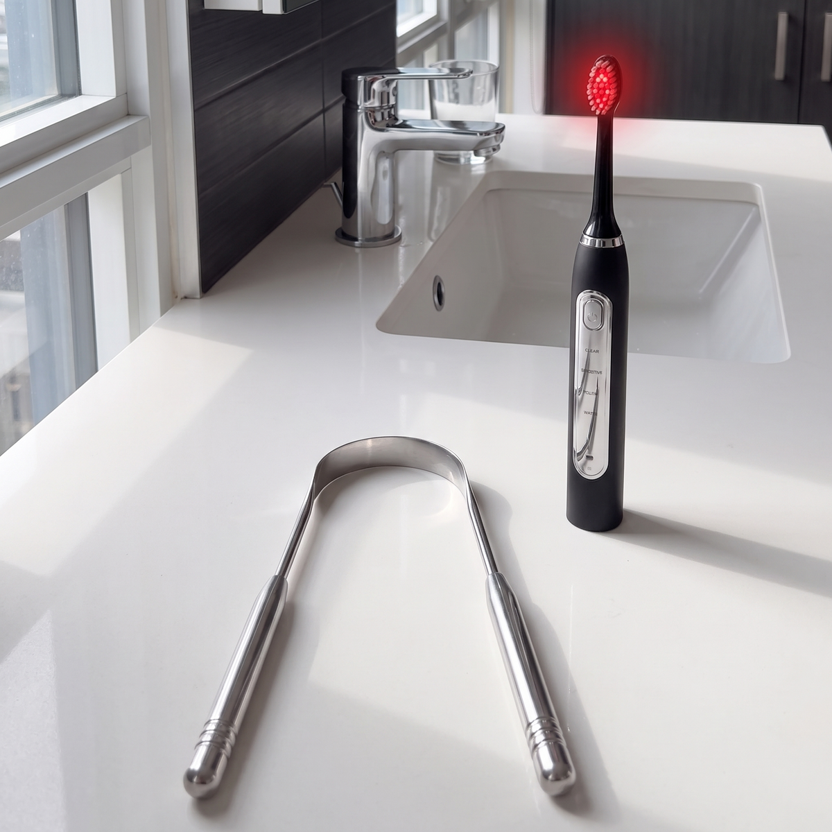 The tongue scraper resting on a bathroom counter beside a standing toothbrush