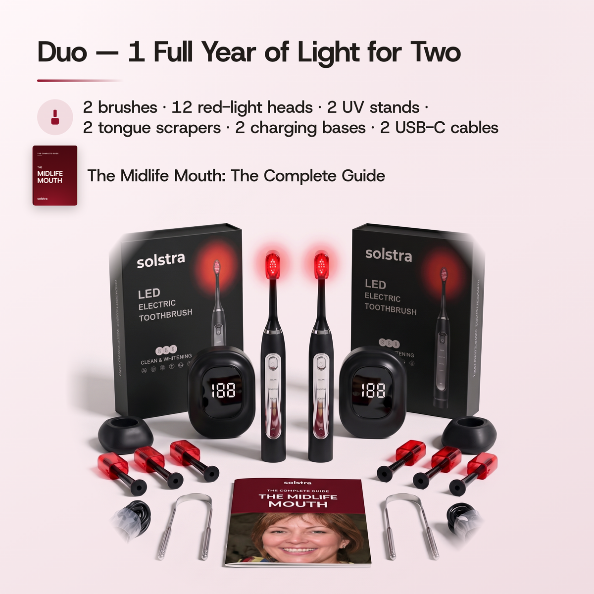 Duo — 1 Full Year of Light for Two: 2 brushes · 12 red-light heads · 2 UV stands · 2 tongue scrapers · 2 charging bases · 2 USB-C cables, and The Midlife Mouth: The Complete Guide. The Duo kit laid out in front of its two boxes, both brush heads glowing red.