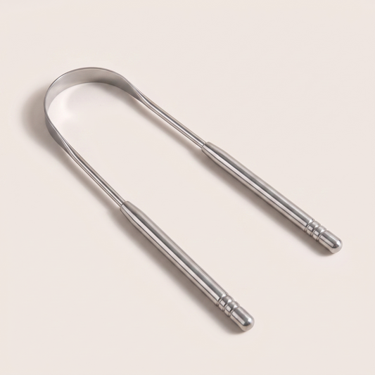 A stainless steel U-shaped tongue scraper