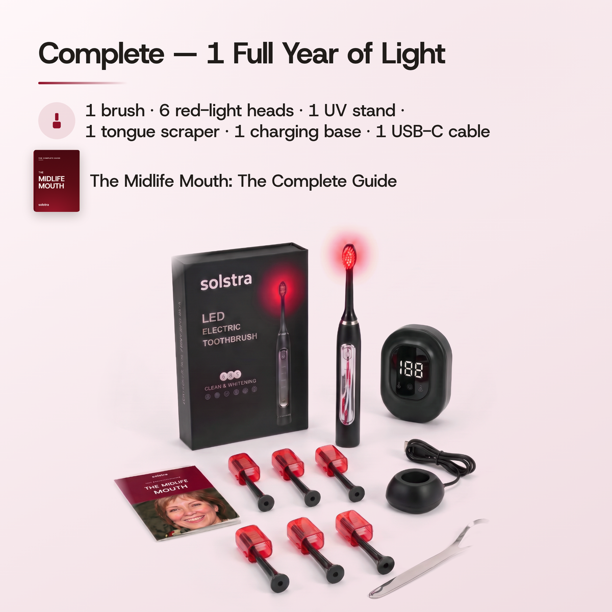 Complete — 1 Full Year of Light: 1 brush · 6 red-light heads · 1 UV stand · 1 tongue scraper · 1 charging base · 1 USB-C cable, and The Midlife Mouth: The Complete Guide. The Complete kit laid out in front of its box, the brush head glowing red.