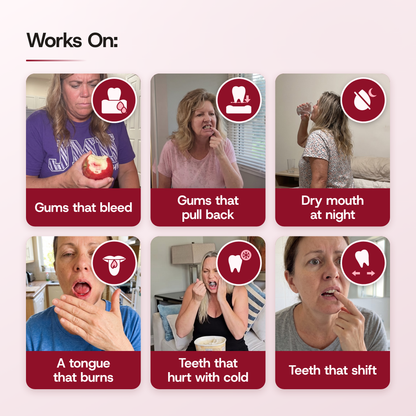 Works On: Gums that bleed; Gums that pull back; Dry mouth at night; A tongue that burns; Teeth that hurt with cold; Teeth that shift. Six photo cards, each showing a woman with the problem, an icon and a red label.