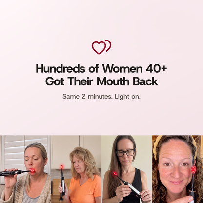 Hundreds of Women 40+ Got Their Mouth Back. Same 2 minutes. Light on. Four women at home with the Solstra toothbrush, its head glowing red: one brushes, one lifts it from its base on the kitchen counter, one holds it in both hands and looks at it, one points at it in a selfie.