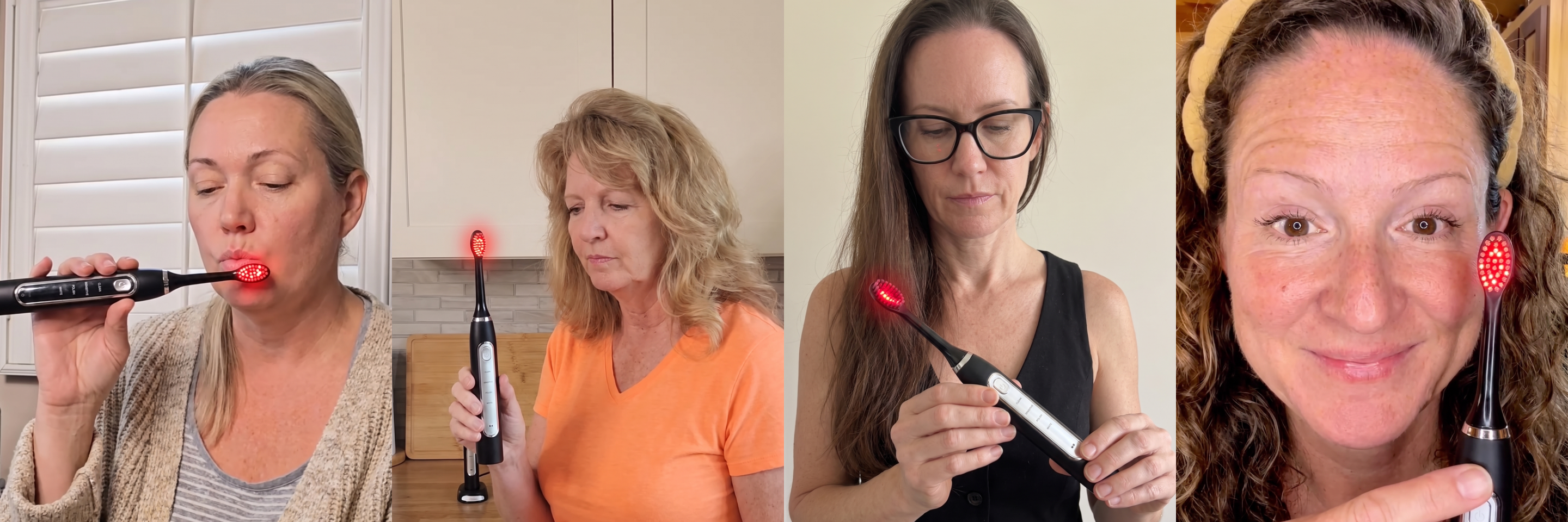 Four women at home with the Solstra toothbrush, its head glowing red: one brushes with her eyes closed, one holds it up in her kitchen and looks at it, one turns it over in both hands, one smiles at the camera with it beside her face.