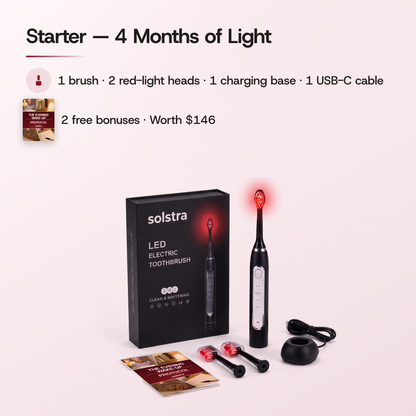 Starter — 4 months of light: 1 brush, 2 red-light heads, 1 charging base and 1 USB-C cable, plus 2 free bonuses worth $146. The Starter kit laid out in front of its box, the brush head glowing red.