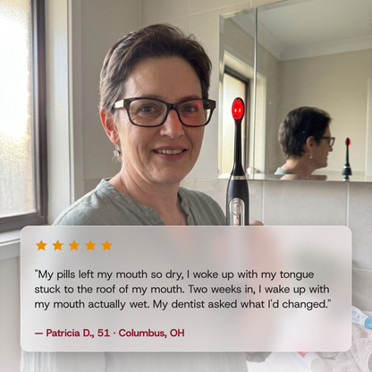 "My pills left my mouth so dry, I woke up with my tongue stuck to the roof of my mouth. Two weeks in, I wake up with my mouth actually wet. My dentist asked what I'd changed." Patricia D., 51, Columbus, Ohio, holding her SOLSTRA in her bathroom.