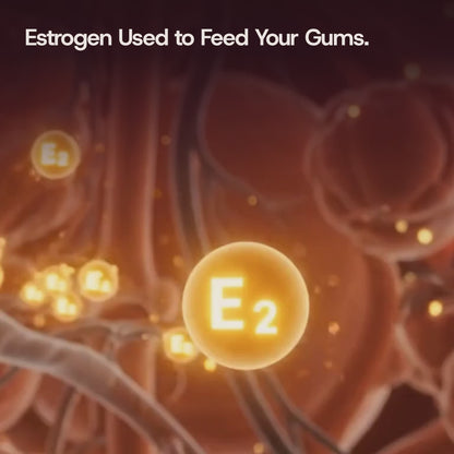 Estrogen Used to Feed Your Gums. Now This Does. 660 nm red light at the gumline — in the 2 minutes you already brush. Silent looping animation: estrogen spheres drift out of the gum tissue, the gum reddens and swells along the gumline and recedes, then the Solstra brush head arrives and glows red as the gum covers the roots again.